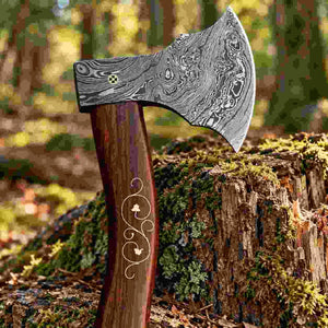 Damascus steel tomahawk axe featuring a rosewood handle