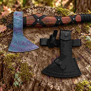 Damascus steel Viking hatchet with leather-wrapped handle