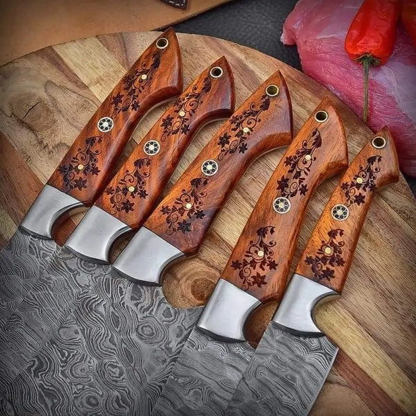Damascus Chef Knife Set 5 Piece  Rosewood Handle