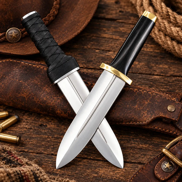 Two stainless steel hunting knives with black handles and brass guards crossed over a brown leather sheath on a rustic wooden surface