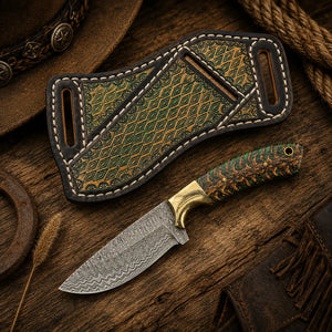 skinner knife and decorated leather sheath showing scale, proportions, and aesthetic presence.