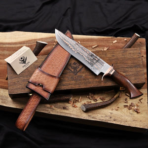 Damascus bowie knife with walnut handle, tooled leather sheath, and wood box