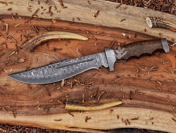 Damascus bowie knife with walnut handle on rustic wood with antlers