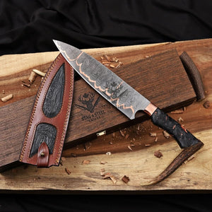 Damascus chef's knife with resin handle, leather sheath, and wooden gift box