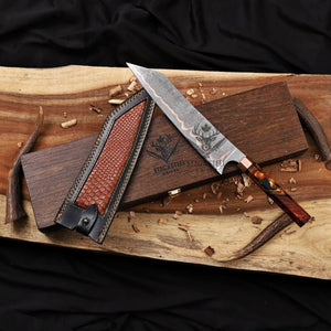 Damascus chef's knife with resin handle, snakeskin leather sheath, and wood box