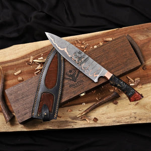 Damascus chef's knife with resin handle, two-tone leather sheath, and wood box