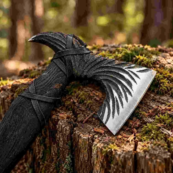 Damascus steel camping hatchet featuring a wooden handle