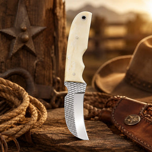A Hawkbill knife with a Camel bone handle with rasp steel blade.