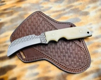 Finger Groove Hawkbill Knife in Rasp Steel with Bone Grip