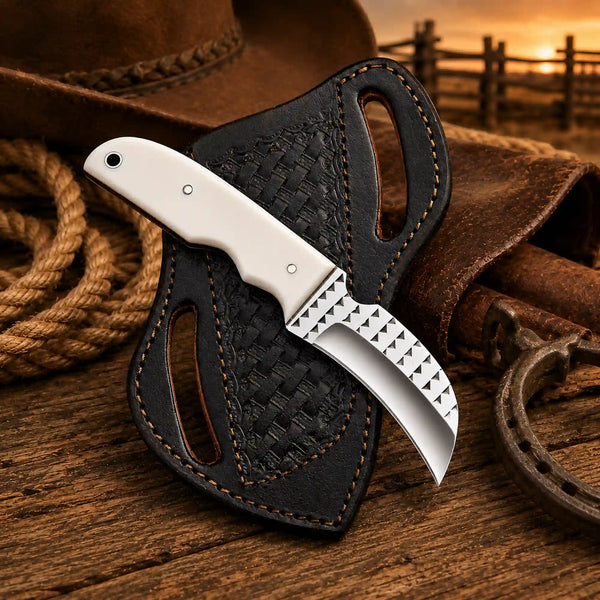 A Hawkbill knife with a Camel bone handle with rasp steel blade and pancake leather sheath