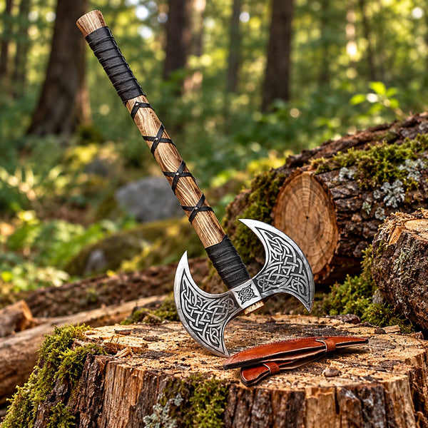 Hand-forged carbon steel double-headed berserker axe