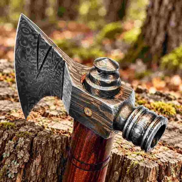 Hand-forged Damascus steel hatchet with a leather sheath