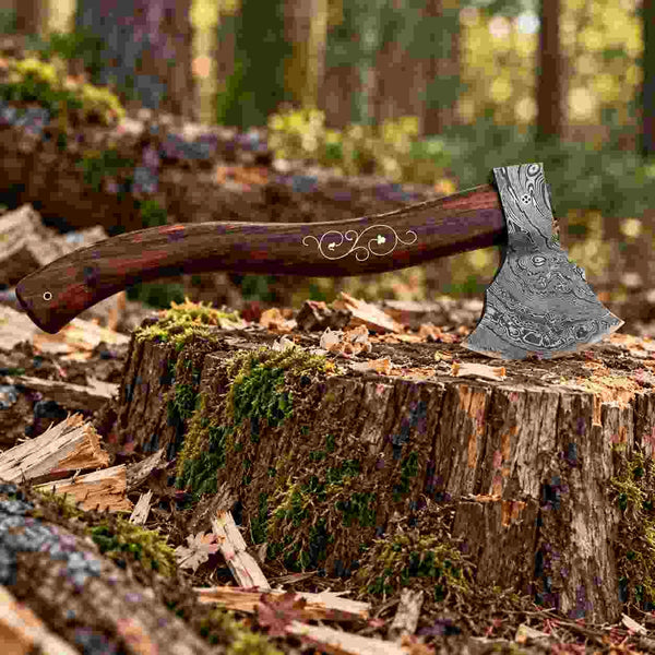 Hand-forged Damascus tomahawk axe with handcrafted rosewood handle