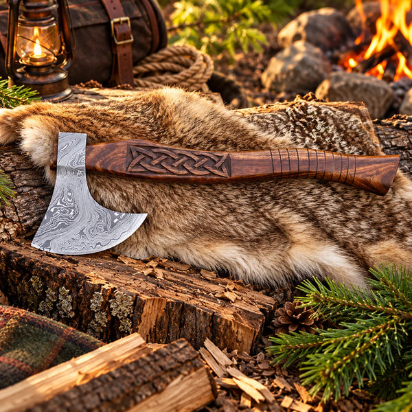 Hand-forged Damascus Viking axe with a custom engraved handle
