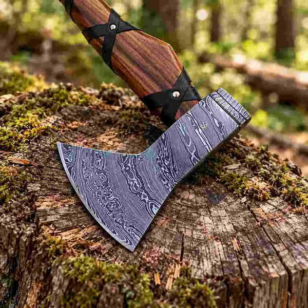 Hand-forged Damascus steel Viking hatchet with leather wrap