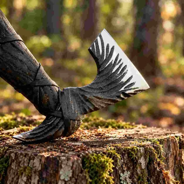 Hand-forged Damascus camping hatchet with a handcrafted wood handle
