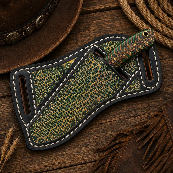 Hand-stitched leather sheath showing geometric green and tan diamond-pattern inlay, white stitching detail, and dual belt loops.