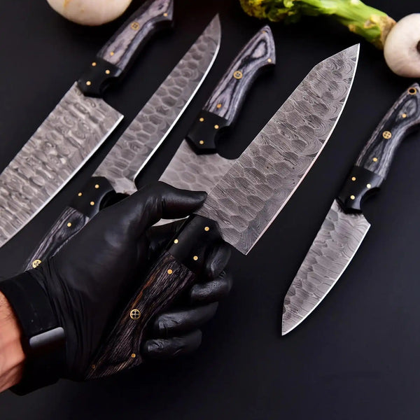 Premium carbon Damascus kitchen set with handcrafted Pakka wood handles