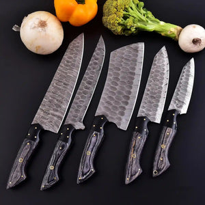 Carbon Damascus chef knife set featuring durable Pakka wood handles