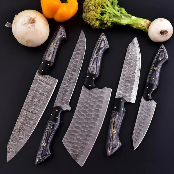 Handmade carbon Damascus kitchen knives with elegant Pakka wood handles