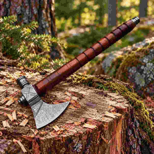 Handmade Damascus steel bushcraft axe with wood handle