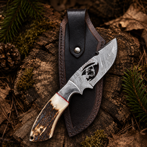 A fixed-blade knife with a patterned steel blade and a natural horn handle, displayed diagonally next to its dark brown leather sheath on a rustic wood log with pine needles and moss.