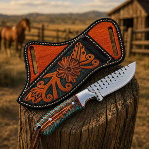 Decorative knife sheath with a knife on a wooden post in a rustic outdoor setting.
