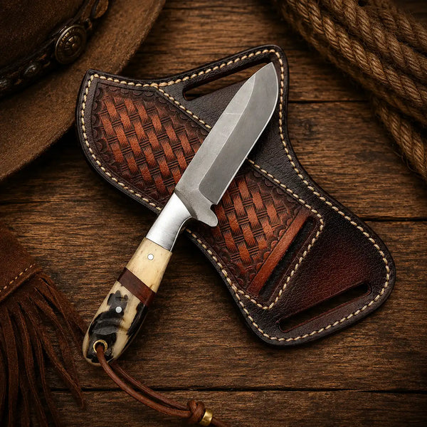 Handmade carbon steel cowboy knife with natural antler handle, rem horn accent detail, resting on open pancake leather sheath on rustic wood background