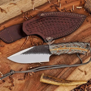 Handmade deer hunting knife with pinecone handle and premium leather sheath