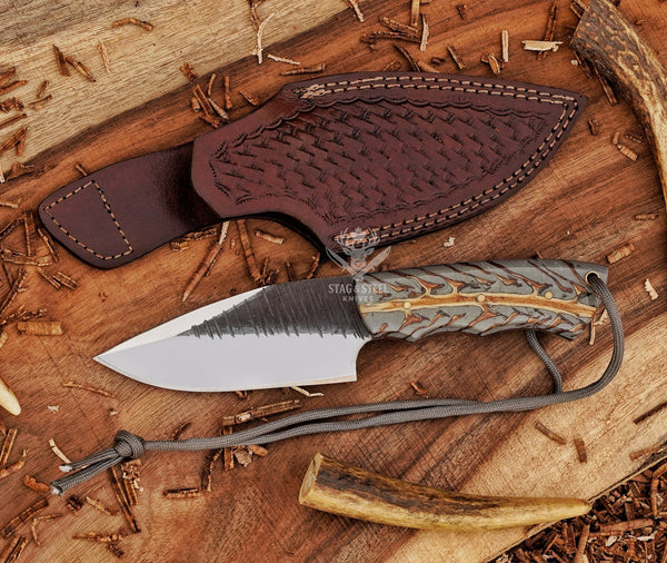 Handmade deer hunting knife with pinecone handle and premium leather sheath