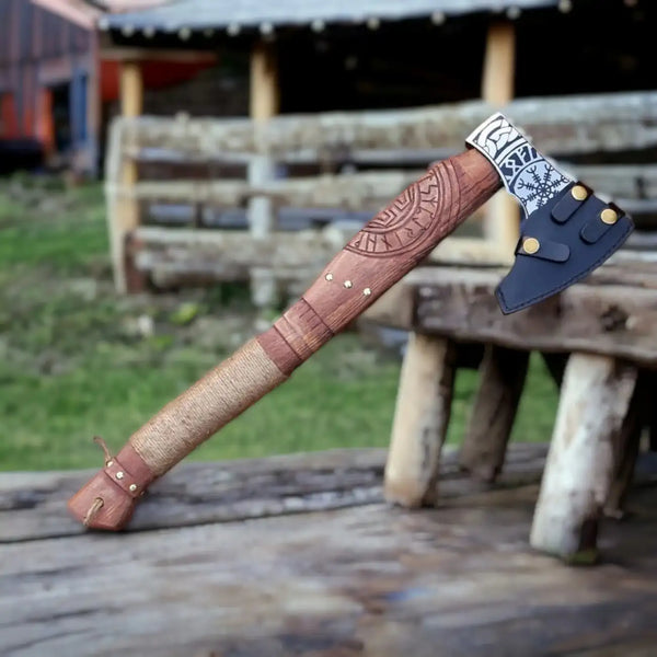 Hand Forged Viking Bearded Axe with Helm of Awe Design