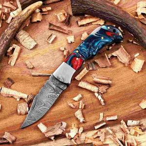 Blue Resin Damascus EDC Pocket Knife Forged Folding Knife