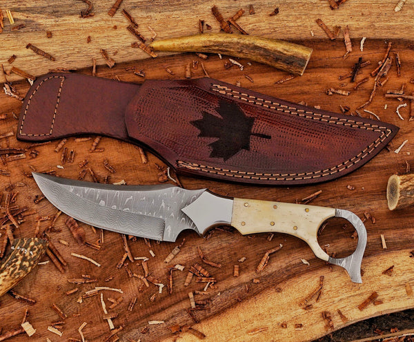 Custom Ringtail Hunting Knife – Camel Bone Handle – Stainless Damascus Blade with Maple Leaf Sheath