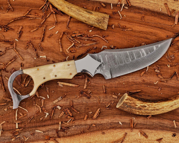 Custom Ringtail Hunting Knife – Camel Bone Handle – Stainless Damascus Blade with Maple Leaf Sheath