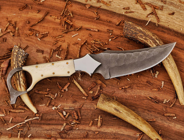 Handmade D2 Hunting Knife | Ringtail Grip | Camel Bone Handle