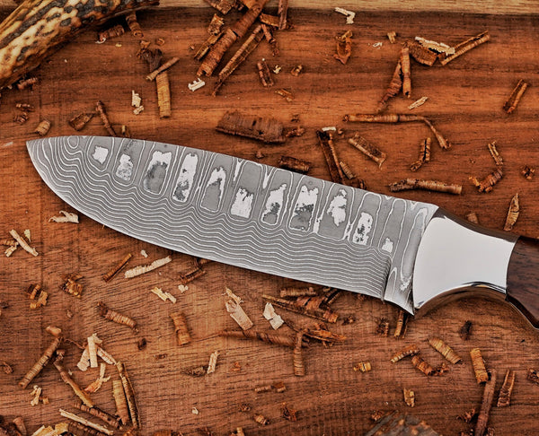 Bushcraft Knife | Stainless Damascus Steel Blade |  Ironwood Handle | SS Bolsters & Leather Sheath