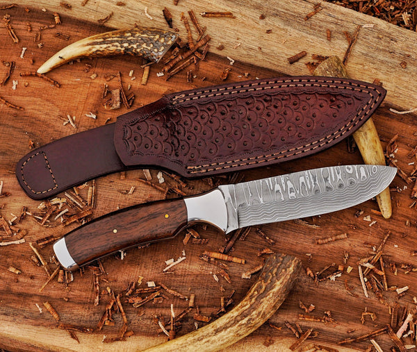 Bushcraft Knife | Stainless Damascus Steel Blade |  Ironwood Handle | SS Bolsters & Leather Sheath
