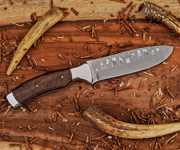 Bushcraft Knife | Stainless Damascus Steel Blade |  Ironwood Handle | SS Bolsters & Leather Sheath