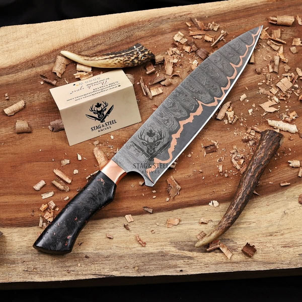 Damascus Chef Knife - 10" Cu-Mai Blade with Carbon Fiber Handle