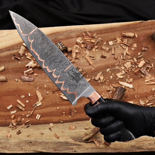 Damascus Chef Knife - 10" Cu-Mai Blade with Carbon Fiber Handle