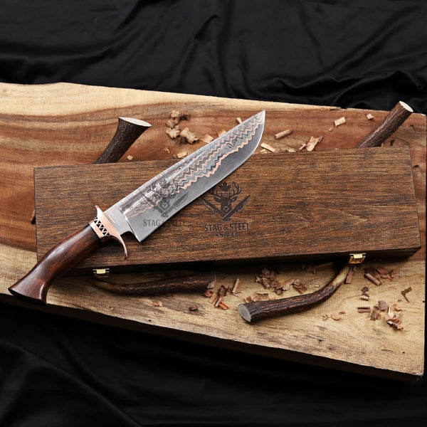 Custom Copper Damascus Bowie Knife with Filework Guard