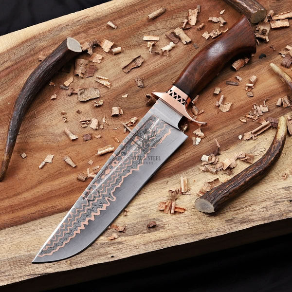Custom Copper Damascus Bowie Knife with Filework Guard