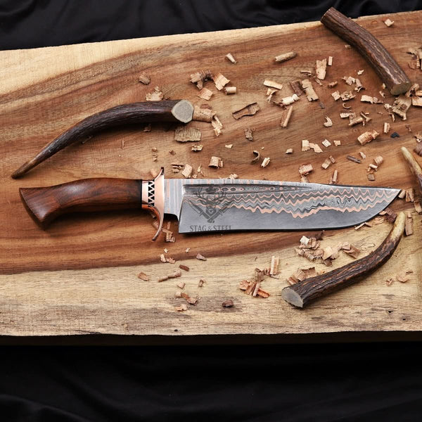 Custom Copper Damascus Bowie Knife with Filework Guard