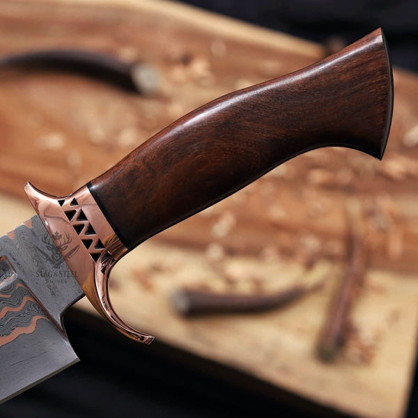 Custom Copper Damascus Bowie Knife with Filework Guard