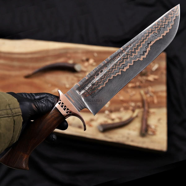 Custom Copper Damascus Bowie Knife with Filework Guard