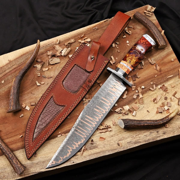 Premium Copper Damascus Bowie Knife with Layered Damascus Guard