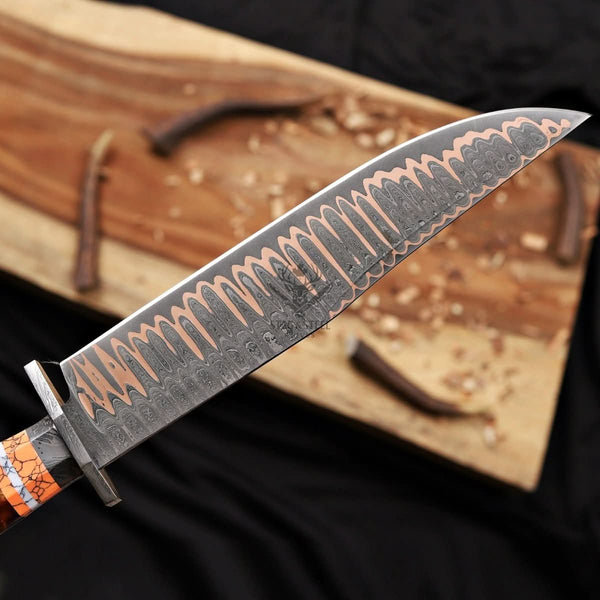 Premium Copper Damascus Bowie Knife with Layered Damascus Guard
