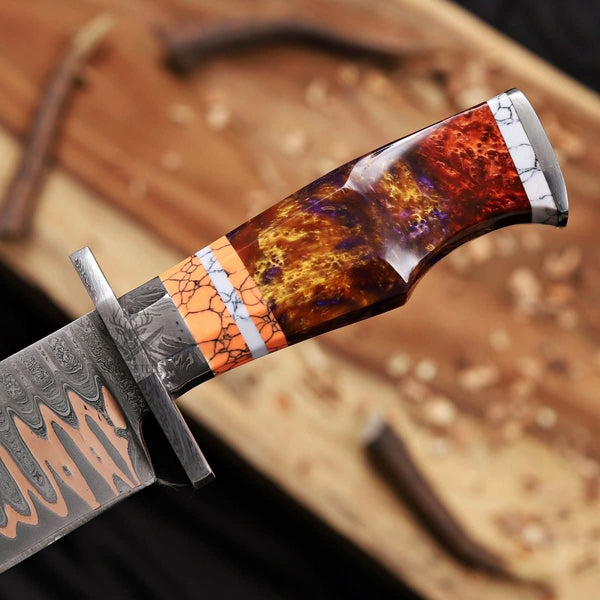 Premium Copper Damascus Bowie Knife with Layered Damascus Guard