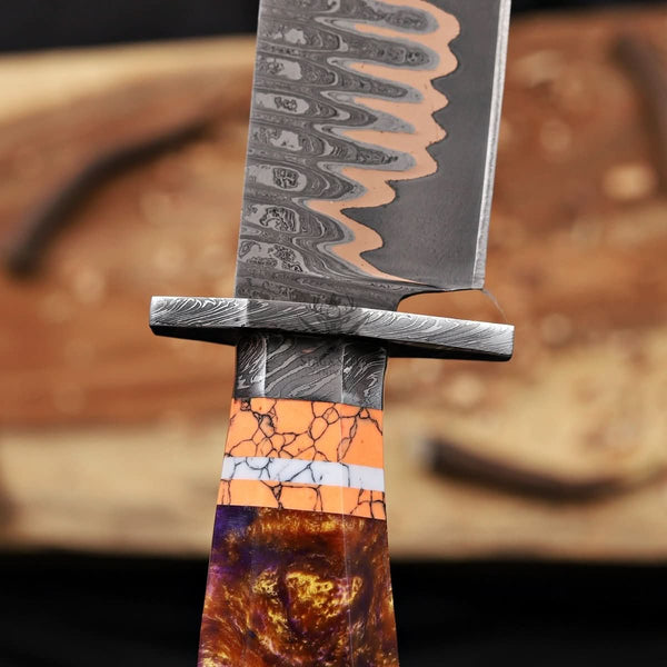Premium Copper Damascus Bowie Knife with Layered Damascus Guard