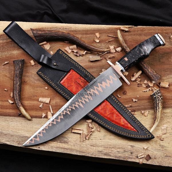 Copper Damascus Bowie Knife - 11” Blade with Copper Guard